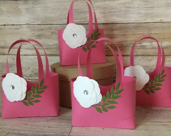 Purse Favor Paper Purse Petite Tote Baby Shower Birthday Bridal Shower Favor Paper Hot Pink Purse White Flowers (OR7)