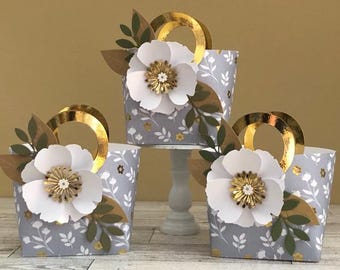 Petite Paper Purse Favor: Gray & Gold Floral Wedding Tote