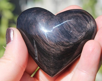 Gold Sheen Black Obsidian Heart, Gold Flash obsidian, black obsidian heart, obsidian heart, volcanic glass heart