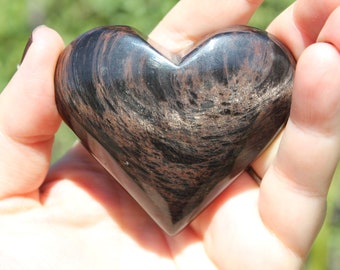 Gold Sheen Black Obsidian Heart, Gold Flash obsidian, black obsidian heart, obsidian heart, volcanic glass heart