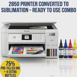 May include: White Epson ET-2850 printer converted for sublimation, with the text "2850 PRINTER CONVERTED TO SUBLIMATION - READY TO USE COMBO". Includes pre-filled ink and four extra bottles. The printer has a color display and a paper tray.