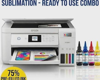 May include: White Epson ET-2850 printer converted for sublimation, with the text "2850 PRINTER CONVERTED TO SUBLIMATION - READY TO USE COMBO". Includes pre-filled ink and four extra bottles. The printer has a color display and a paper tray.