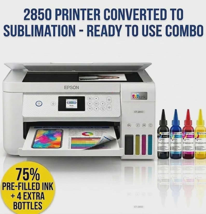 May include: White Epson ET-2850 printer converted for sublimation, with the text "2850 PRINTER CONVERTED TO SUBLIMATION - READY TO USE COMBO". Includes pre-filled ink and four extra bottles. The printer has a colour display and a paper tray.