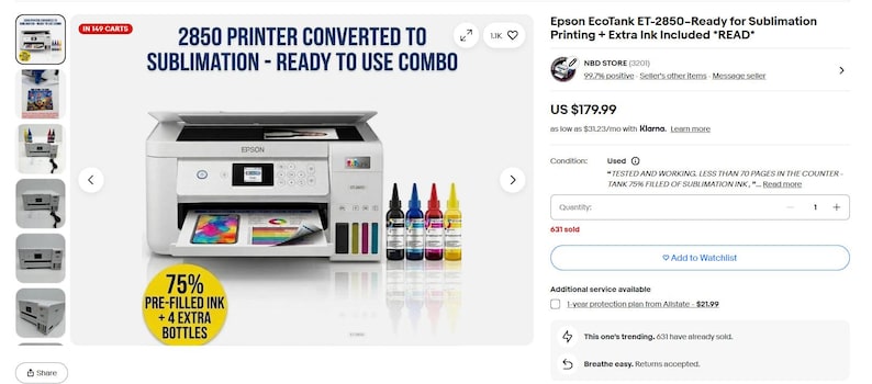 May include: White Epson EcoTank ET-2850 printer converted for sublimation printing, ready to use. The image shows the printer with a colourful printout and four ink bottles. Text on the image reads "75% pre-filled ink + 4 extra bottles."