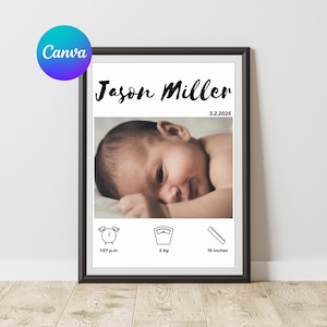Baby Birth Stats Template, Customizable Birth Details Photo Poster, Printable Baby Birth Announcement, Newborn Gift for New Mom