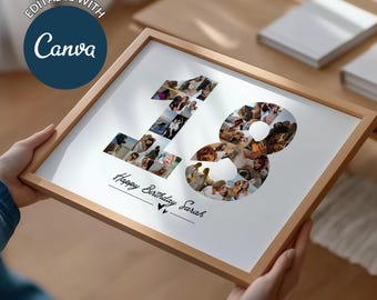 Editable 18th Birthday Photo Collage Template - Custom Number 18 Anniversary Gift