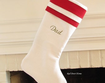 Personalized Christmas Stocking Linen Embroidered White Red Cuff Monogram