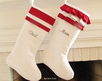 Personalized Christmas Stockings Linen Pair White Red Monogram Wedding Gift