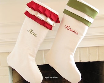 Personalized Christmas Stockings Linen Pair White Green Red Monogram Wedding Gift