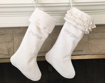 White Linen Personalized Christmas Stockings Pair Embroidered Monogram Ruffle Cuff