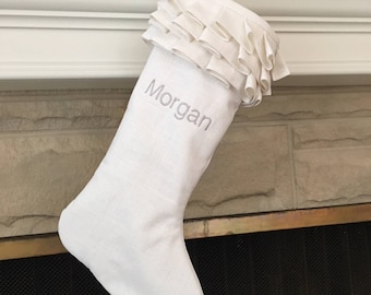 White Linen Personalized Christmas Stocking Embroidered Ruffle Monogram