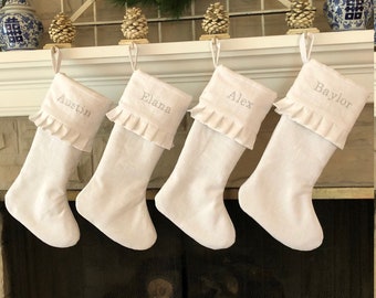 Personalized Linen Christmas Stocking Embroidered White Name Monogram Cuff with Ruffle Edge