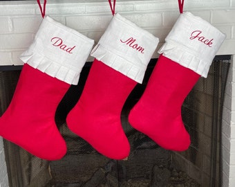 Personalized Linen Christmas Stocking Embroidered White Monogram Cuff with Ruffle Edge