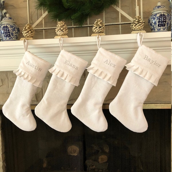 Personalized Linen Christmas Stocking Embroidered White Name Monogram Cuff with Ruffle Edge