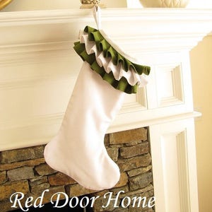 Linen Christmas Stocking White Green Ruffle Top