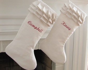 White Linen Personalized Christmas Stocking Embroidered Monogram Ruffle Top