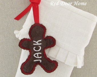 Personalized Embroidered Christmas Stocking Name Tag Label Gingerbread Man Boy Ornament Gift Wedding Favor