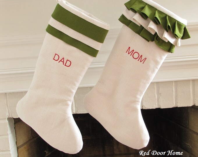 Christmas Stocking Flora Embroidered Cuff - Green and Cream- linen Arcadia Home main image 1