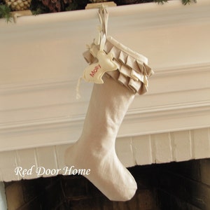 Personalized Cat Christmas Stocking Linen Embroidered Ruffle Monogram Pet image 1