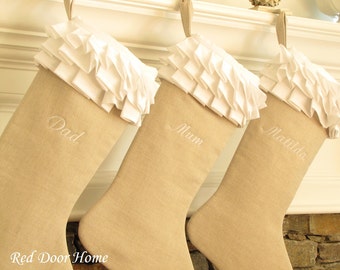 Personalized Linen Christmas Stocking Embroidered White Ruffle Monogram Girl