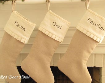 Personalized Linen Christmas Stocking Embroidered Name Monogram Cuff with Ruffle Edge natural white ivory