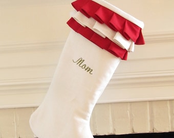 Personalized Christmas Stocking Linen Embroidered White Red Ruffle Monogram