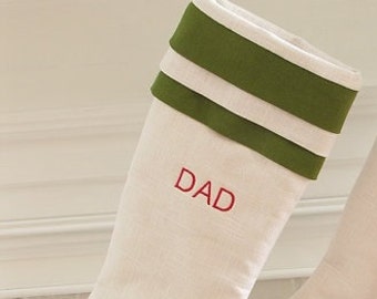 Personalized Linen Christmas Stocking Embroidered White Green Cuff Monogram