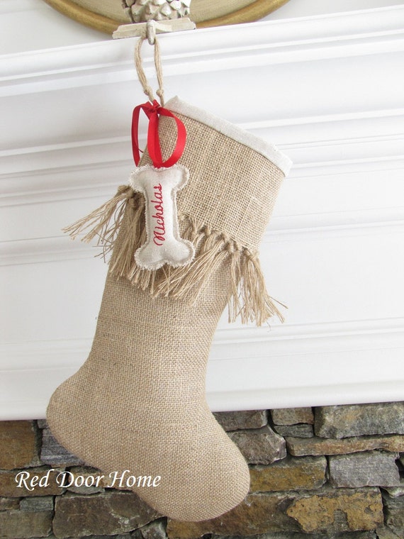 Burlap Personalized Christmas Stocking Embroidered Knotted Fringe Cuff Monogram