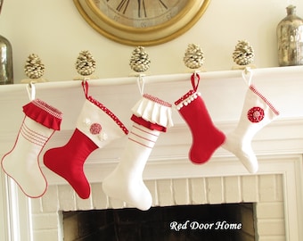 SALE Linen Christmas Stocking Red White Set of 5
