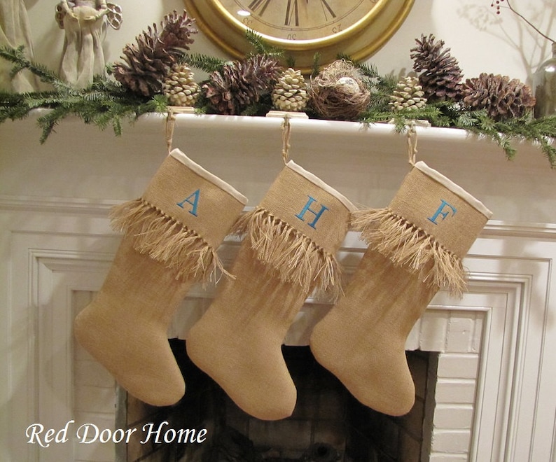Burlap Personalized Christmas Stocking Embroidered Knotted Fringe Cuff Monogram