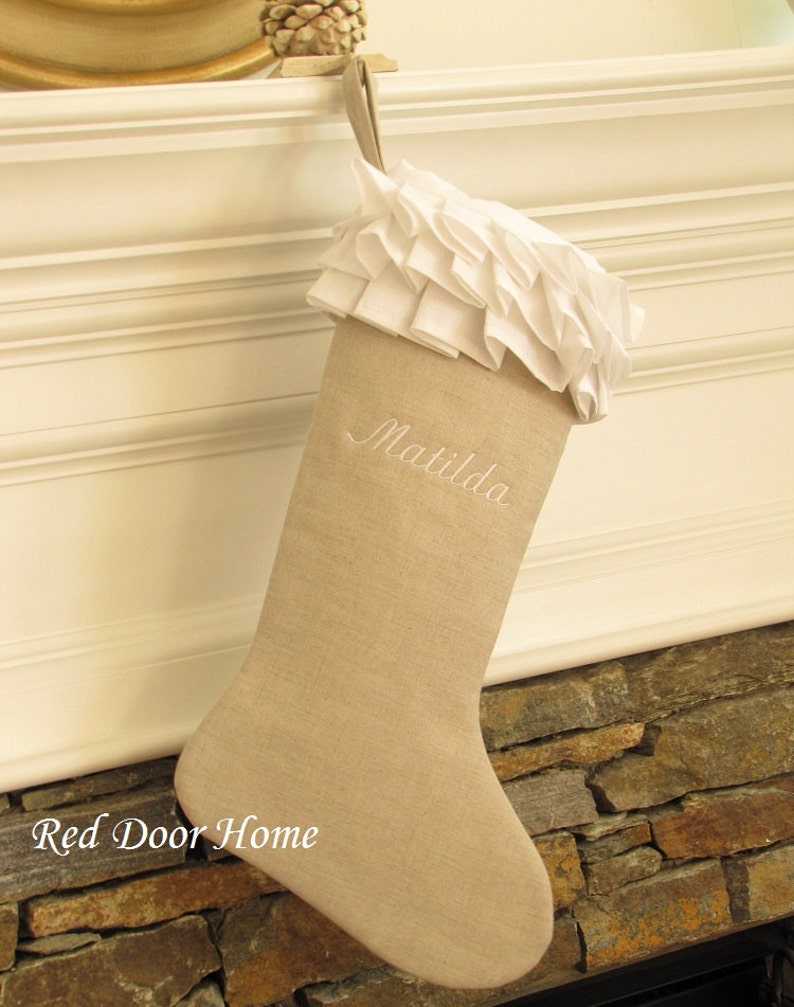 Personalized Linen Christmas Stocking Embroidered White Ruffle Monogram Girl