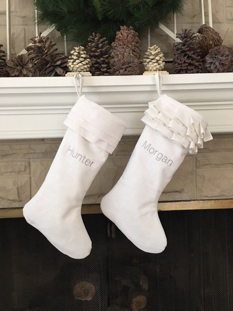 White Linen Personalized Christmas Stocking Embroidered Ruffle Monogram image 2