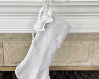 Cat Christmas Stocking White Linen Cuff