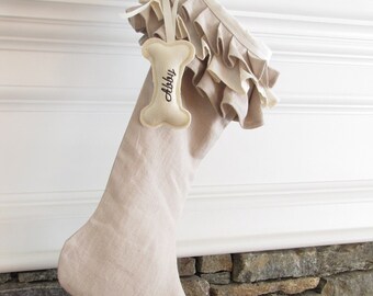 Dog Personalized Christmas Stocking Linen Embroidered Pet Ruffle Monogram