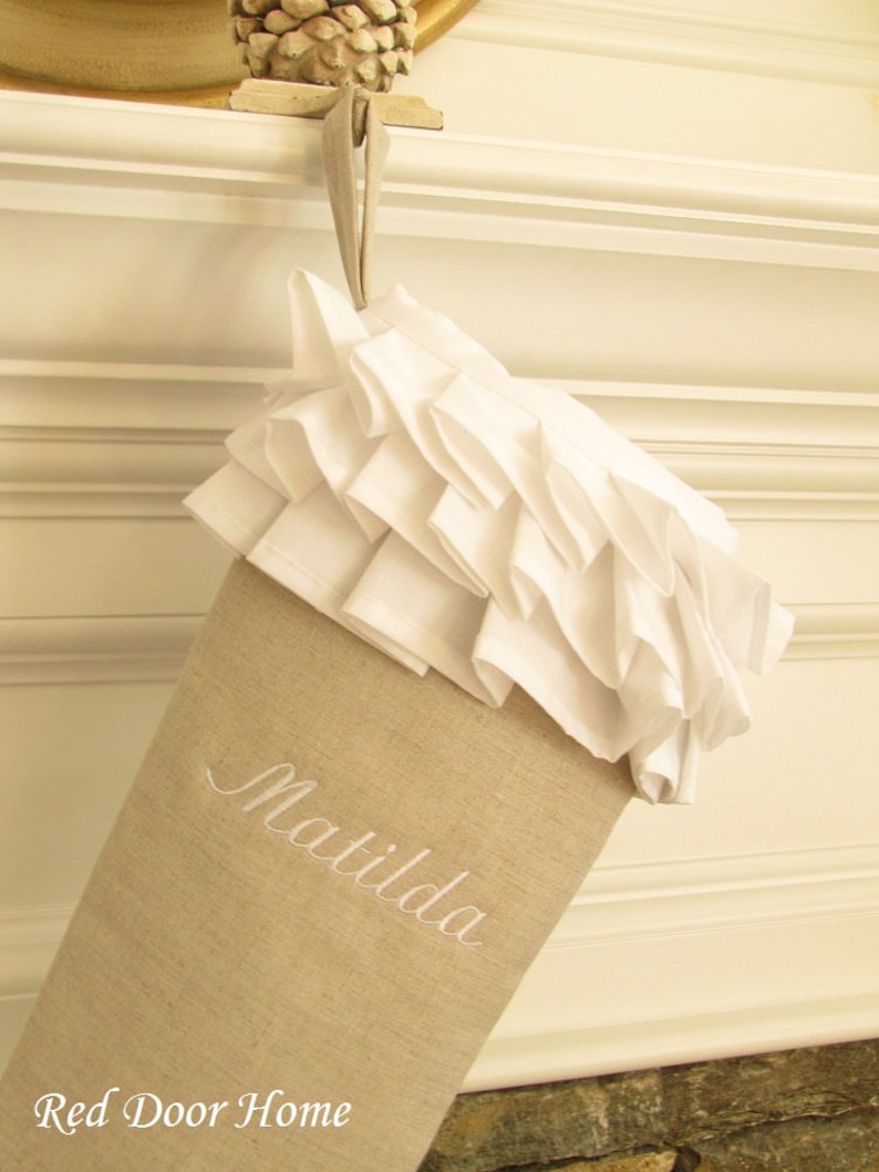 Personalized Linen Christmas Stocking Embroidered White Ruffle Monogram Girl