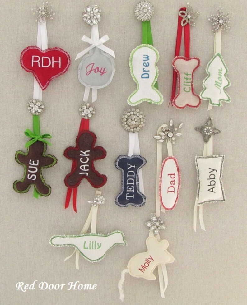 Personalized Christmas Stocking Tag Embroidered Label Gift Name Monogram Ornament Green and Red image 4