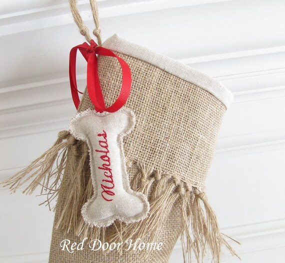 Burlap Personalized Christmas Stocking Embroidered Knotted Fringe Cuff Monogram