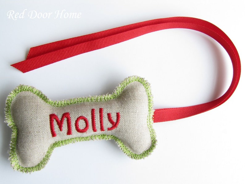 Personalized Christmas Stocking Tag Embroidered Label Gift Name Monogram Ornament Green and Red image 1