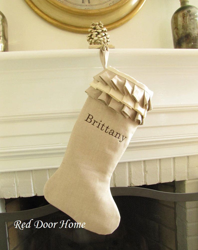 Personalized Linen Christmas Stocking Embroidered Ruffle Monogram Better Homes and Gardens image 1