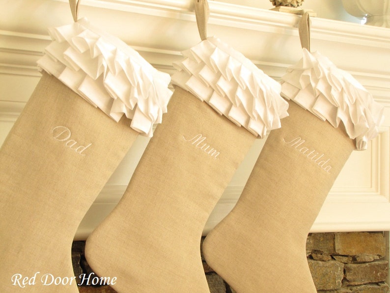 Personalized Linen Christmas Stocking Embroidered White Ruffle Monogram Girl