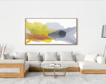 Large Serene Original Modern Contemporary Sky Painting, violet grey yellow peach pink  36x72"  Minimalist Abstract Expressionist Wall Art