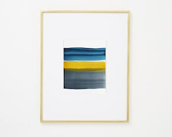 Contemporary Blue Minimalist Wall Art, Modern Abstract Watercolor Painting, blue yellow 8x10 "Painting 1570" Original Gallery Wall Artwork