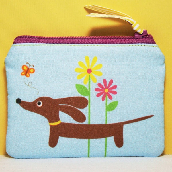 Doxie in the Bright Blue Sky Flower Garden Cute Cotton Whimsylicious Dachshund COIN PURSE Pouch Featuring Our Exclusive Custom Fabric