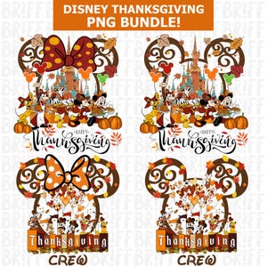 Puede incluir: Un paquete PNG digital con personajes de Disney para Acción de Gracias. Los diseños incluyen Mickey y Minnie Mouse, el Pato Donald y otros, con calabazas, hojas de otoño y los textos "Happy Thanksgiving" y "Thanksgiving Crew".