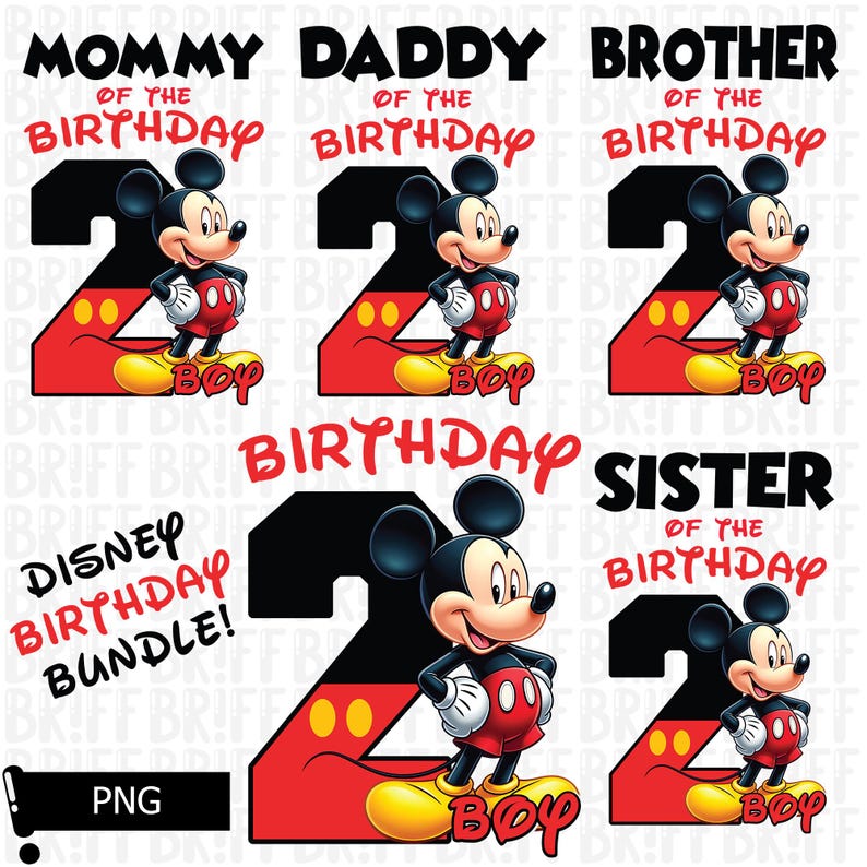 May include: A Disney-themed birthday bundle featuring Mickey Mouse. The design includes the number 2, Mickey Mouse, and the words "Mommy," "Daddy," "Brother," and "Sister" with "Birthday" in red. The word "Boy" is also included.