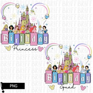 May include: A colorful digital design featuring a castle, princesses, and the words "Birthday Princess" and "Birthday Squad." The design includes balloons, fireworks, and a rainbow arch, perfect for birthday celebrations.