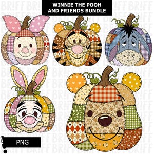 May include: A collection of five Winnie the Pooh and Friends pumpkin-shaped designs. Each pumpkin features a patchwork design with character faces, including Piglet, Tigger, Eeyore, Rabbit, and Winnie the Pooh. The image includes the text "WINNIE THE POOH AND FRIENDS BUNDLE" and "PNG".