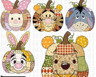 Herfst Winnie de Poeh-pompoen PNG: patchwork bloemensublimatie (digitale download)