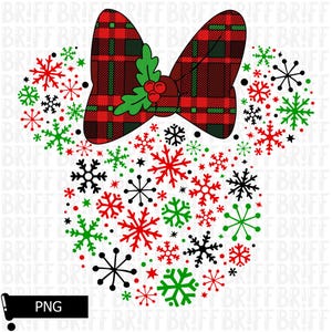 May include: Red and green plaid bow with holly and berries, surrounded by red, green, and black snowflakes on a white background.