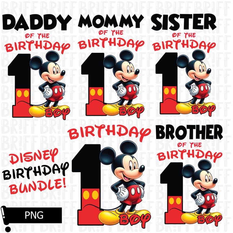 Op de afbeelding: Een Disney-thema verjaardagsbundel met Mickey Mouse illustraties. Het ontwerp bevat het nummer 1, Mickey Mouse en de woorden "Daddy", "Mommy", "Sister" en "Brother" met de tekst "Birthday". De afbeelding bevat ook de tekst "Disney Birthday Bundle!" en "Boy."